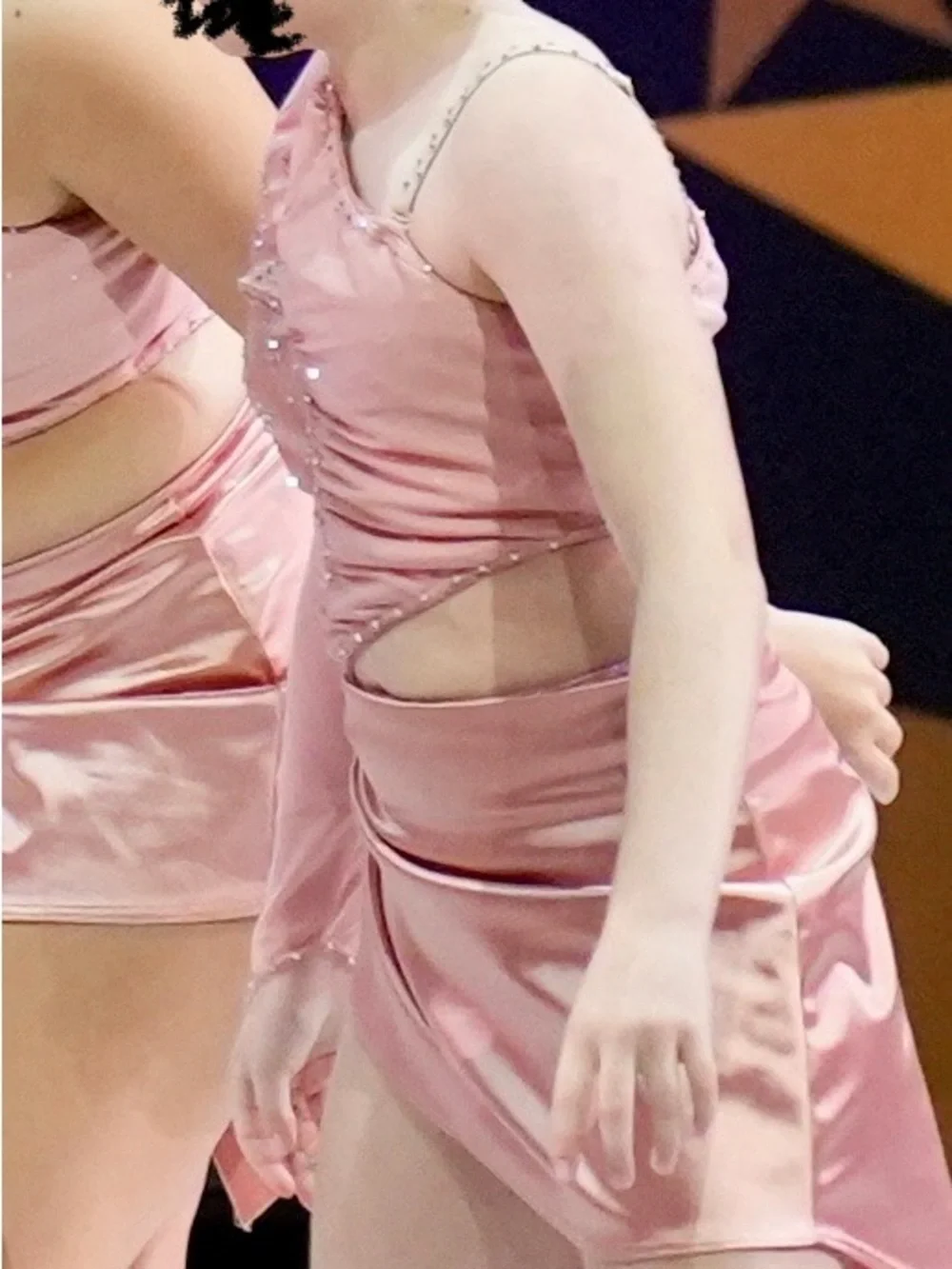 CXL Light Pink Satin Dance Costume with Sequins and Stones and Asymetrical Skirt